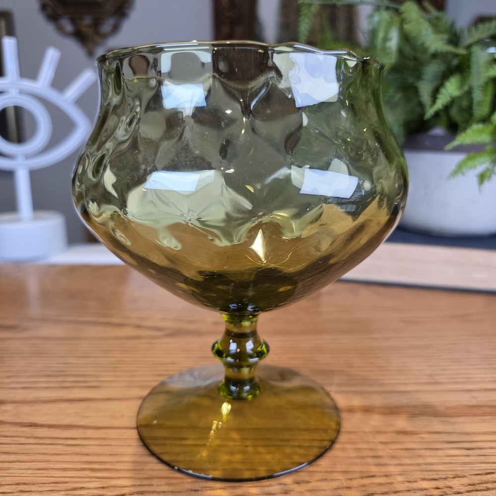 Vintage Indiana Glass Olive Green Thumbprint Pedestal Bowl MCM Candy Dish 6" - Picture 2 of 9